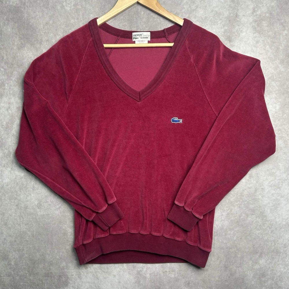 Vintage IZOD Lacoste Velour V Neck Long Sleeve Pullover Red L  Alligator Velvet